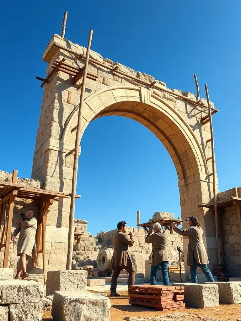 A photograph depicting the construction of a Roman arch using traditional tools and techniques, showcasing the historical reconstruction work of FABRI TIGNUARII.
