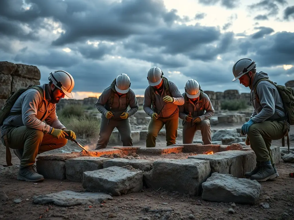 A team of specialists working on site with restoration tools and protective measures, emphasizing the careful and respectful approach to preserving archaeological sites.