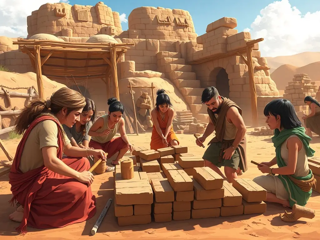 An image depicting an experimental archaeology workshop, showing participants testing ancient construction methods and materials in collaboration with academic institutions.