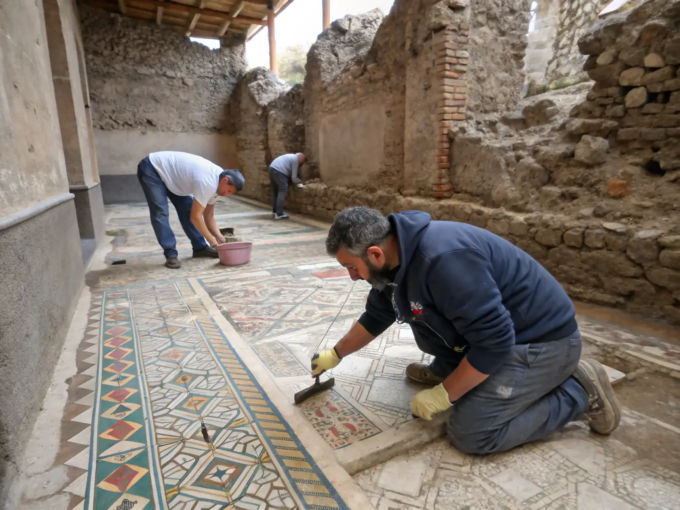 A team of conservators working on the restoration of an ancient Roman mosaic floor at an archaeological site.