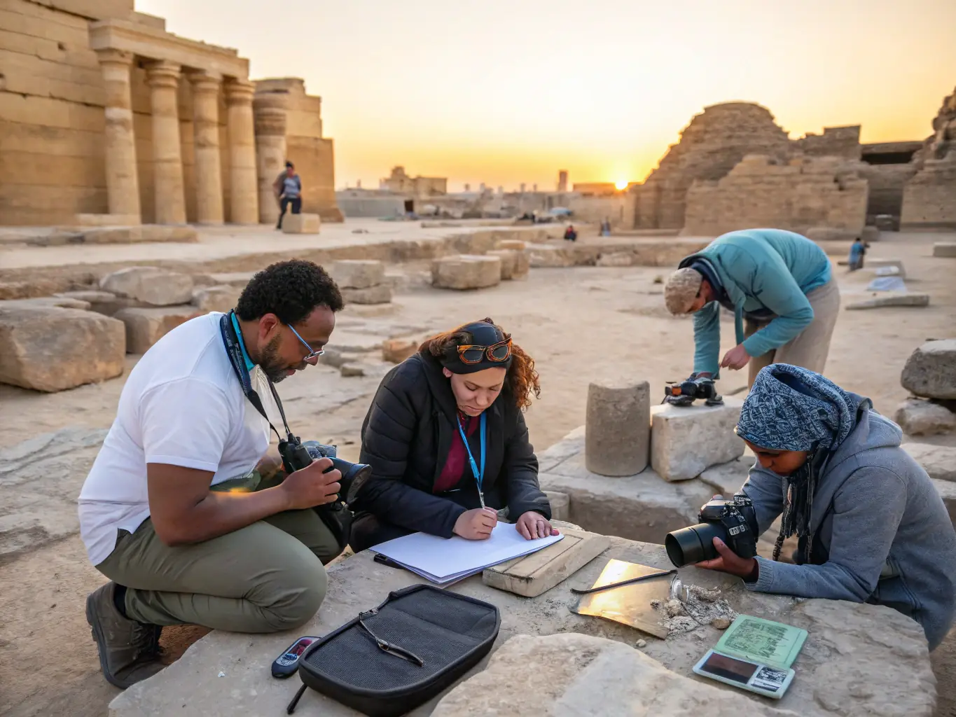A photograph of a team assisting in the restoration of an archaeological site, emphasizing the preservation efforts and the respect for historical integrity.