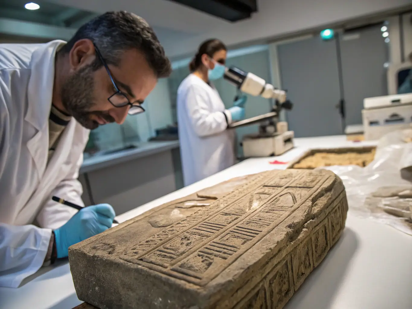 Archaeologists working on reconstructing tools and techniques used in ancient construction, showcasing the experimental approach to understanding historical building practices.