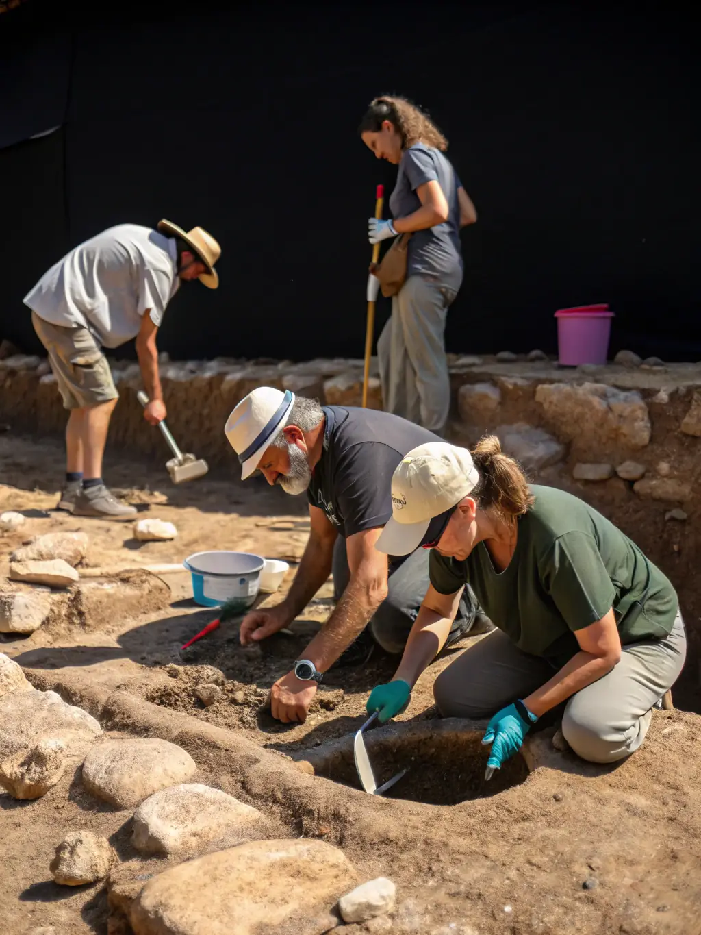 A photograph showing archaeologists and volunteers working on an experimental archaeology project, testing the durability of ancient building materials.